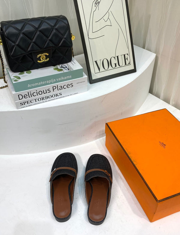 IENA MULE TELA NERA E PELLE DI VITELLO MARRONE