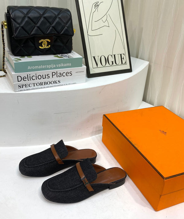 IENA MULE TELA NERA E PELLE DI VITELLO MARRONE