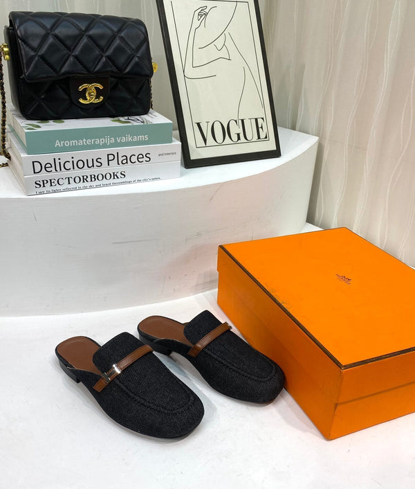 IENA MULE TELA NERA E PELLE DI VITELLO MARRONE