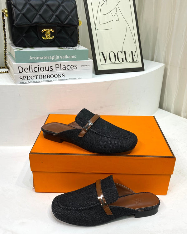 IENA MULE TELA NERA E PELLE DI VITELLO MARRONE