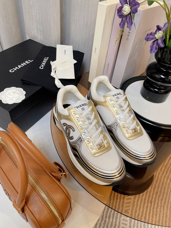 cc classic sneaker white fabric gold metalic calfskin