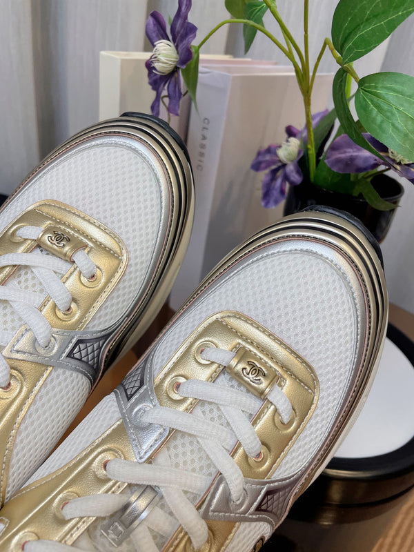 cc classic sneaker white fabric gold metalic calfskin