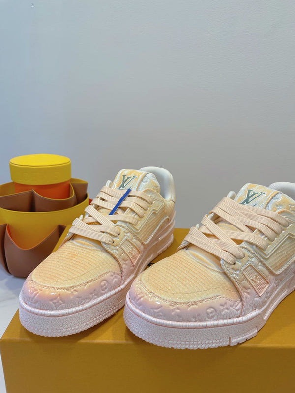 LV TRAINER MAXI SNEAKER IN LIGHT PINK OMBRE ORANGE EMBOSSED CALFSKIN