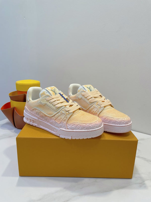 LV TRAINER MAXI SNEAKER IN LIGHT PINK OMBRE ORANGE EMBOSSED CALFSKIN