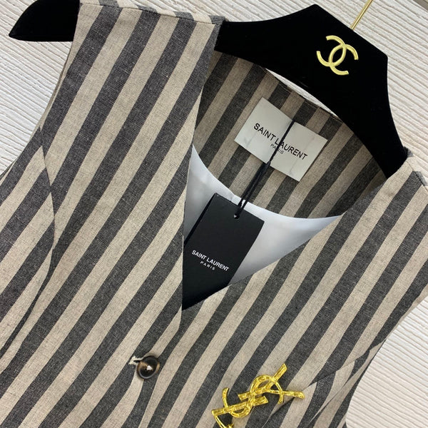 YSL Striped Two-piece Suit Beige mix Grey Linen