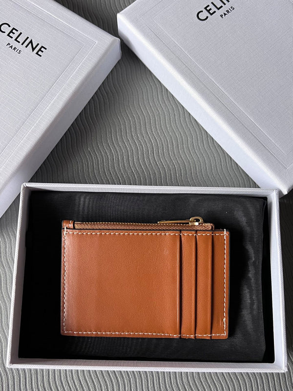 TRIOMPHE Zipped Card Holder Brown Cowhide Leather