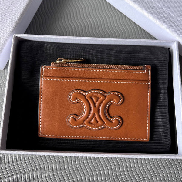 TRIOMPHE Zipped Card Holder Brown Cowhide Leather