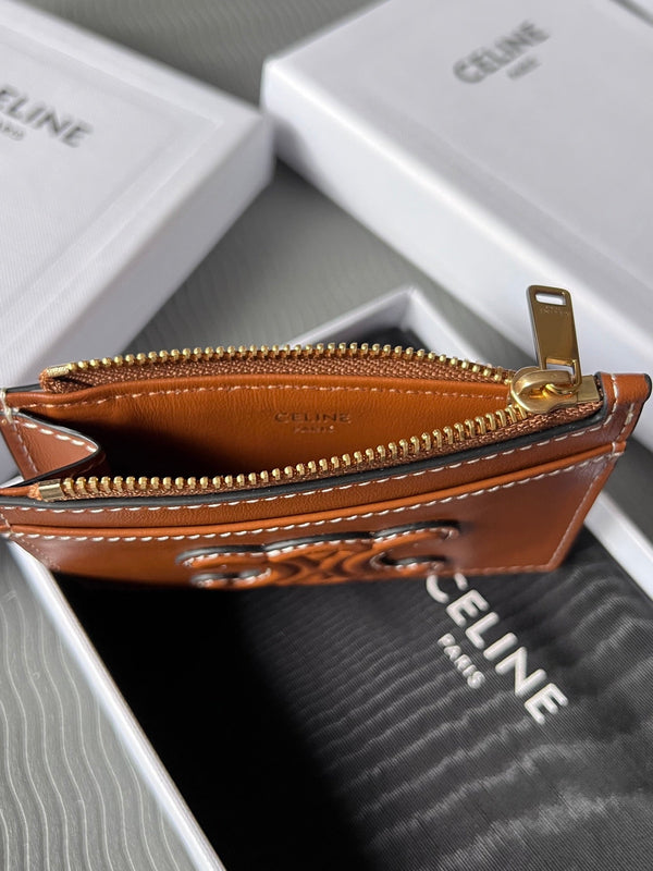 TRIOMPHE Zipped Card Holder Brown Cowhide Leather