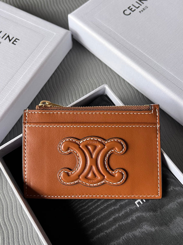 TRIOMPHE Zipped Card Holder Brown Cowhide Leather