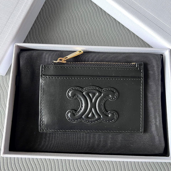 TRIOMPHE Zipped Card Holder Black Cowhide Leather