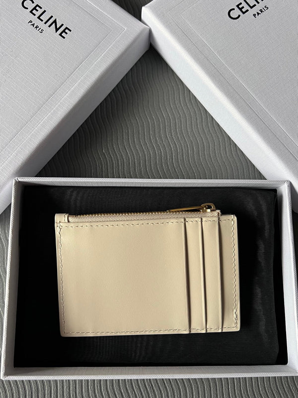 TRIOMPHE Zipped Card Holder Beige Cowhide Leather