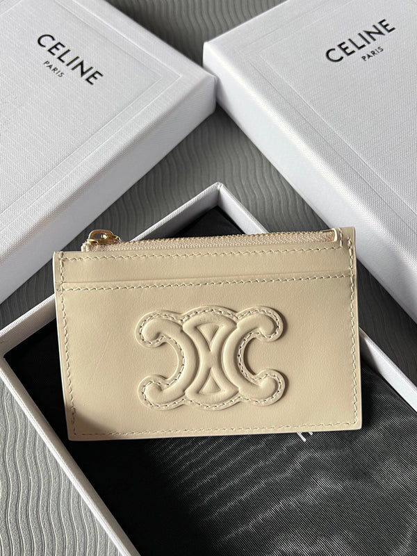 TRIOMPHE Zipped Card Holder Beige Cowhide Leather
