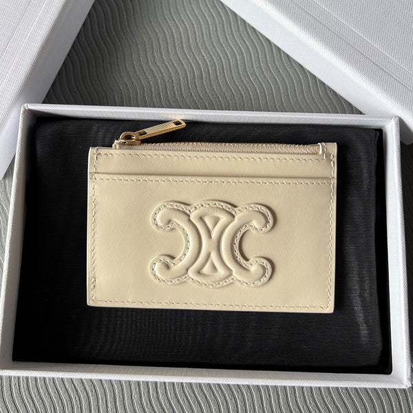 TRIOMPHE Zipped Card Holder Beige Cowhide Leather