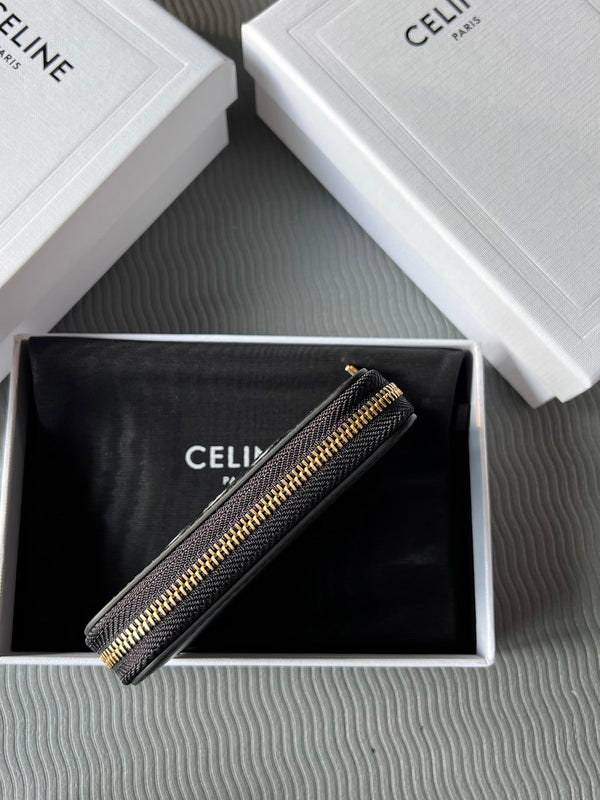 TRIOMPHE Compact Zipped Wallet Black Cowhide Leather