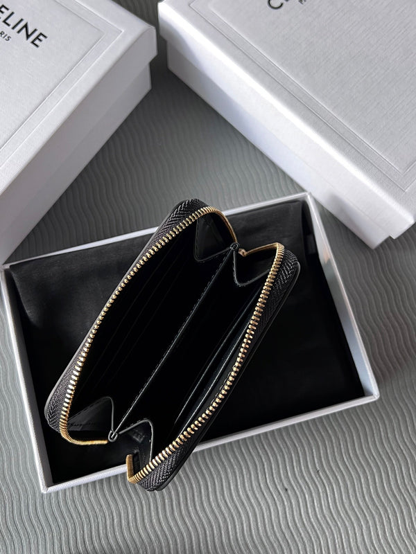 TRIOMPHE Compact Zipped Wallet Black Cowhide Leather