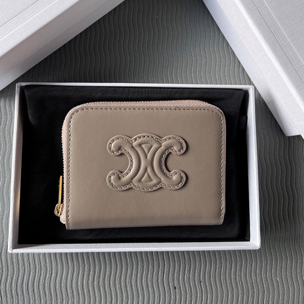 TRIOMPHE Compact Zipped Wallet Modern Taupe Cowhide Leather