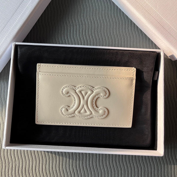TRIOMPHE 10B703 Card Holder Beige Cowhide Leather