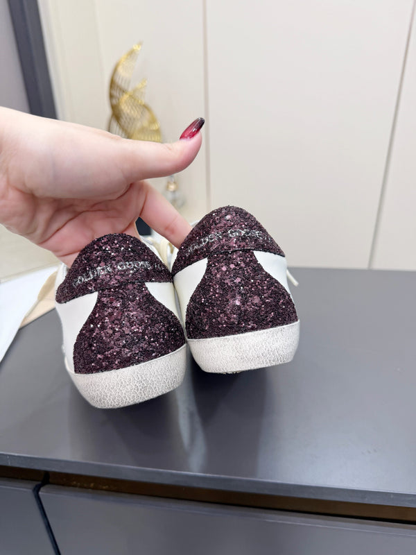 Golden Goose 26s Superstar Sneakers White Sliver Burgundy Glitter Leather 735893