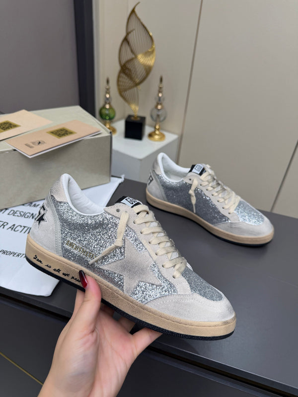 Golden Goose 26s Ball Star Sneakers Sliver Grey Suede Glitter 735899