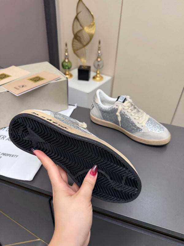 Golden Goose 26s Ball Star Sneakers Sliver Grey Suede Glitter 735899
