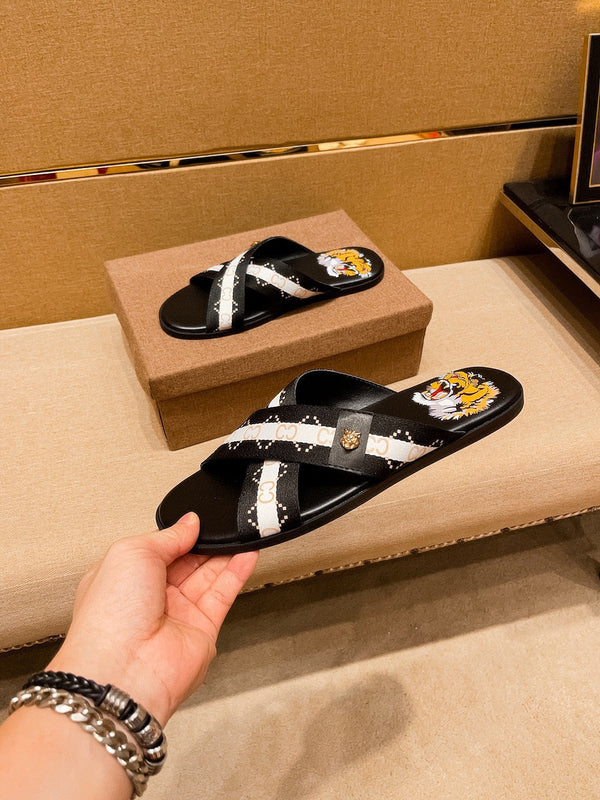 GG Men's Sandals Slide Black Leather 587233