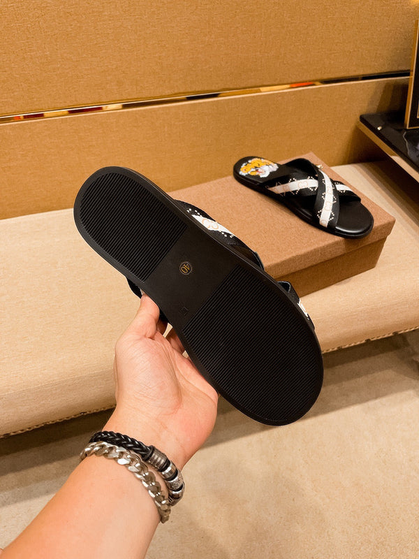 GG Men's Sandals Slide Black Leather 587233