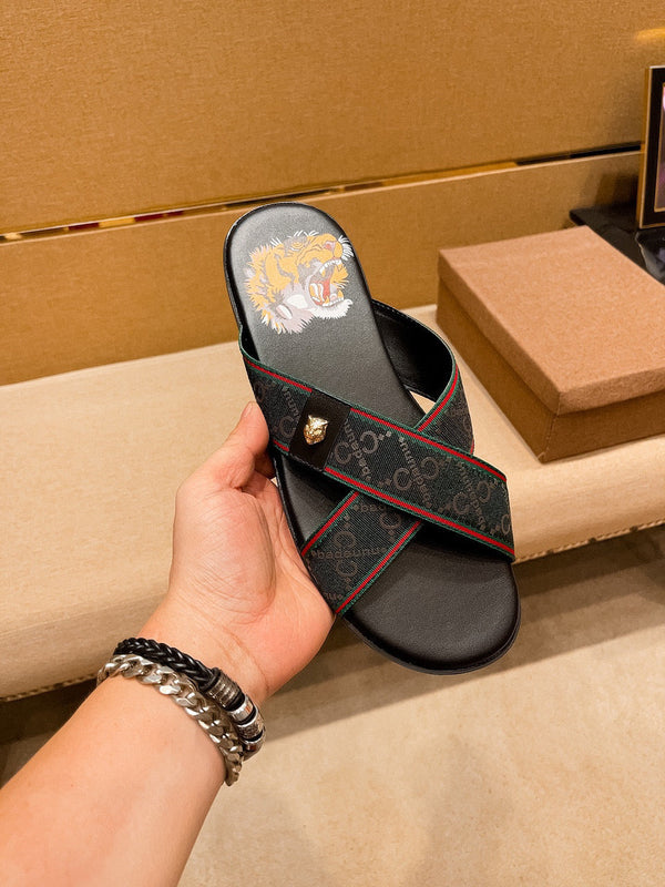 Sandali da uomo GG Slide in pelle verde nera