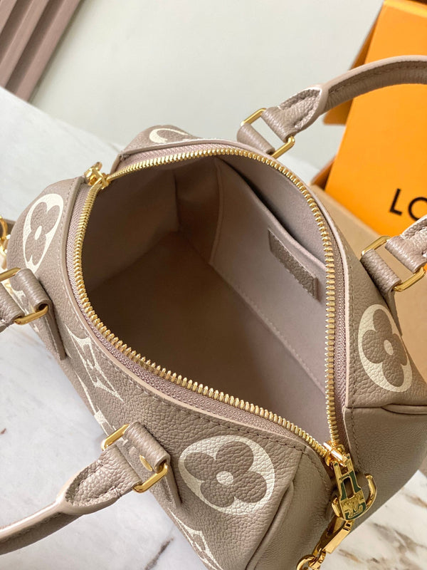 SPEEDY BANDOULIÈRE 20 IN PELLE MARRONE TORTORA E BIANCA CON STAMPA MONOGRAM