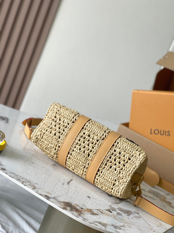 keepall bandouliere 25cm beige raffia tan calfskin