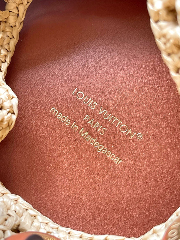 BORSA NOÉ 24 IN RAFIA BEIGE LAVORATA ALL'UNCINETTO E BORDI IN PELLE DI VITELLO MARRONE