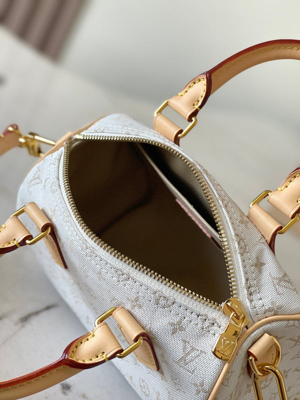 SPEEDY BANDOULIÈRE 20 IN JACQUARD MONOGRAM BIANCO E FINITURE IN PELLE DI VITELLO BEIGE