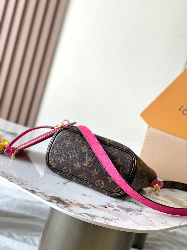 NEVERFULL BANDOULIÈRE INSIDE OUT BB 24 IN TELA MONOGRAM MARRONE E PELLE DI VITELLO ROSA