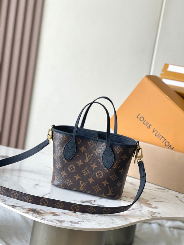 NEVERFULL BANDOULIÈRE INSIDE OUT BB 24 IN TELA MONOGRAM MARRONE E PELLE DI VITELLO NERA