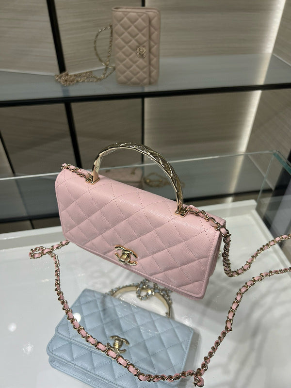 cc 25S Woc Top Handle 19cm Pink Grained Calfskin Light Gold Hardware