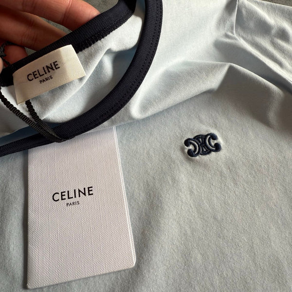 Celine SS26 Short-Sleeve Tee Small Logo Embroidery White Cotton 350489