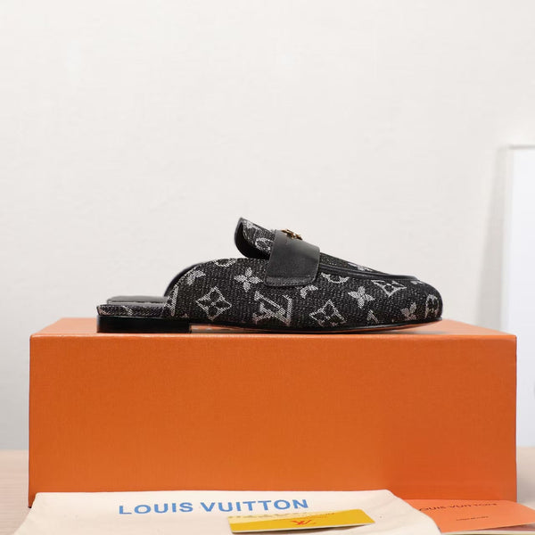 LV 25C Flat Mule Black Monogram Denim Fabric 218314