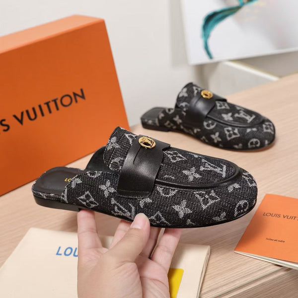 LV 25C Flat Mule Black Monogram Denim Fabric 218314