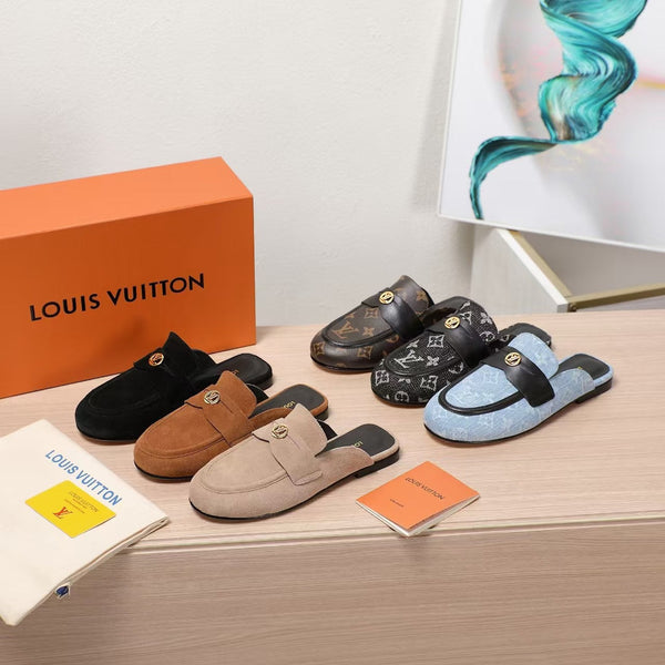 LV 25C Flat Mule Black Monogram Denim Fabric 218314