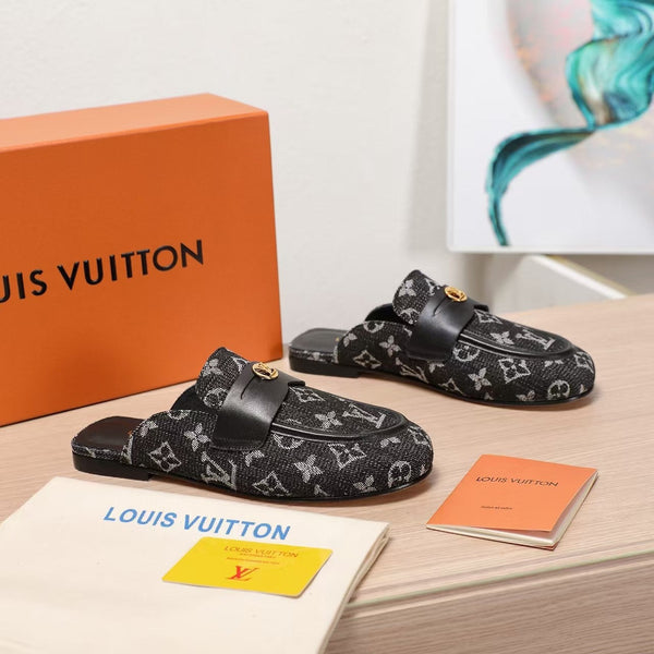 LV 25C Flat Mule Black Monogram Denim Fabric 218314
