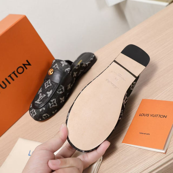 LV 25C Flat Mule Black Monogram Denim Fabric 218314