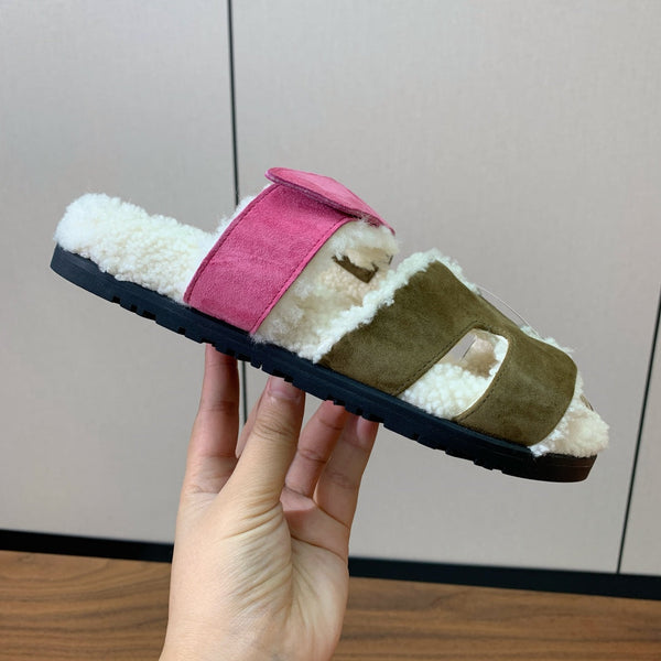 HM Chypre Sandal In Army Green Mix Pink Fleece And Suede 984192