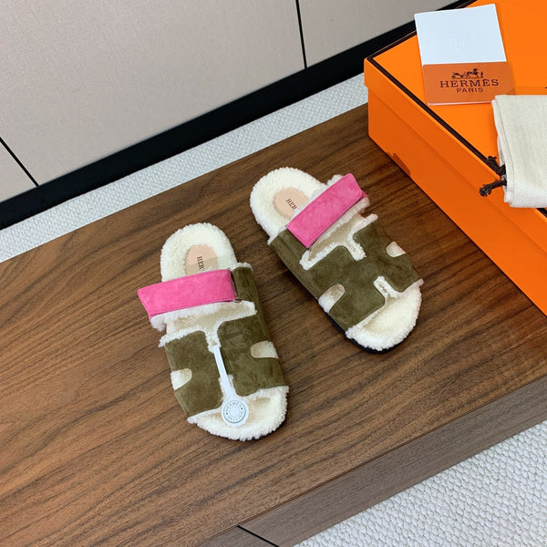 HM Chypre Sandal In Army Green Mix Pink Fleece And Suede 984192