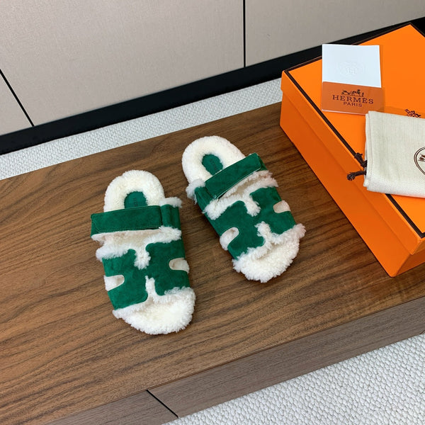 HM Chypre Sandal In Dark Green Mix White Fleece And Suede 984195