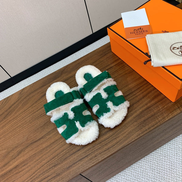 HM Chypre Sandal In Dark Green Mix White Fleece And Suede 984195