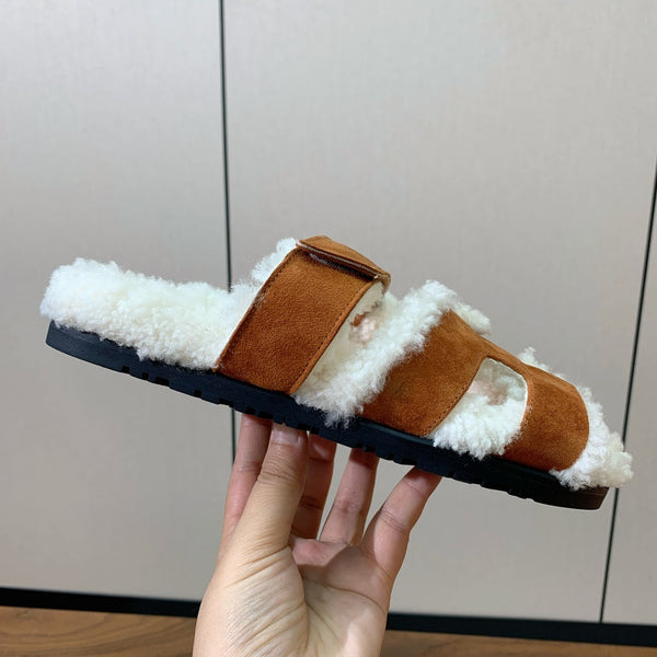 HM Chypre Sandal In Brown Orange Mix White Fleece And Suede 984198