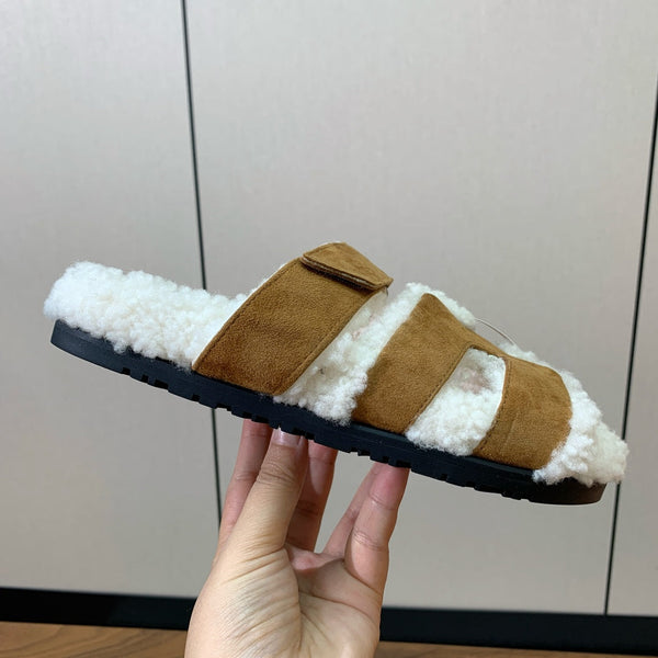 HM Chypre Sandal In Brown Mix White Fleece And Suede 984200