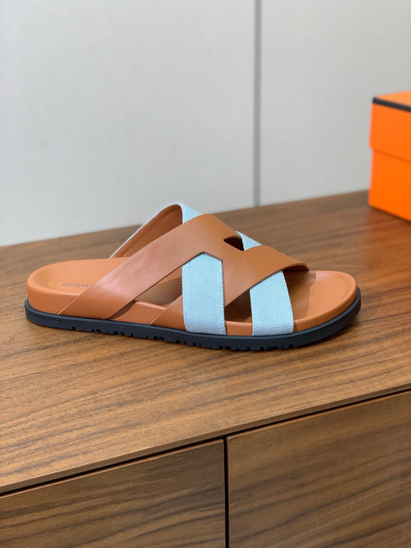 HM Kazimir Sandal Light Blue Brown Canvas Calfskin 294000