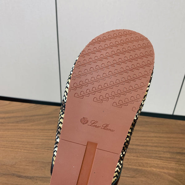 LP Birkenstock slippers black beige raffia calfskin 386726