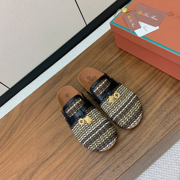 LP Birkenstock slippers black beige raffia calfskin 386726