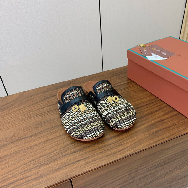 LP Birkenstock slippers black beige raffia calfskin 386726